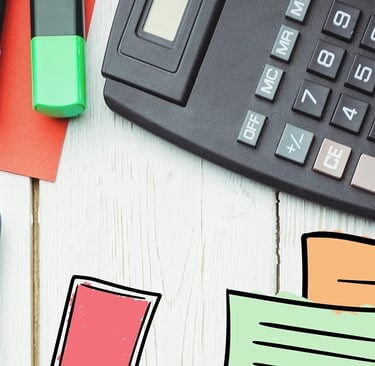 Calculadora, marca-texto e ícones relacionados a merketing