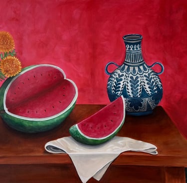 Acrylic painting of a still life with watermenlons, flowers, and vase.