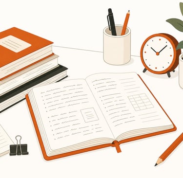 Flat lay illustration of an organized desk with an open notebook, stacked books, and office supplies.