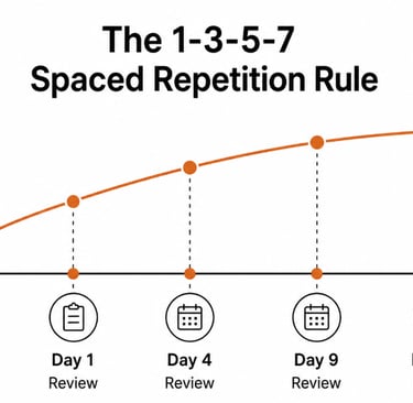 An infographic showing the 1-3-5-7 spaced repetition rule graph for memory retention and learning.