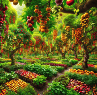 a garden with lots of fruit and vegetables