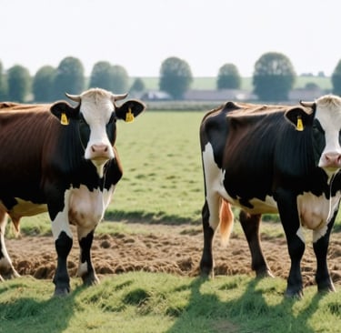 two cows standing in a field with a barn in the background