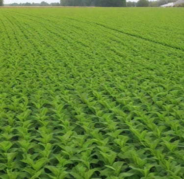 a field of corn stalks and a farm house