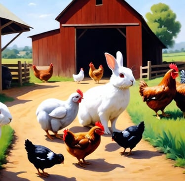 a painting of a rabbit and chickens in a barnyard