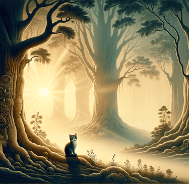 a cat sitting on a tree in a forest