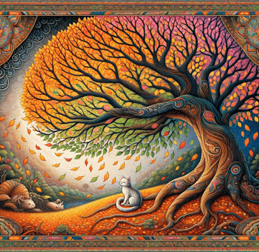 a painting of a cat sitting on a tree