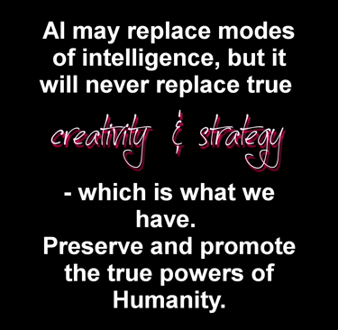 "Inspirational quote about AI, creativity, and strategy on a black background.