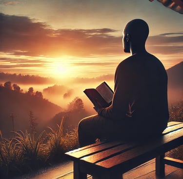 Homme assis avec un livre, coucher du soleil, bible, ciel
