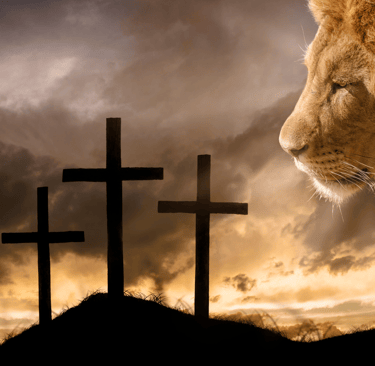Trois croix, avec un lion avec un regard perçant 