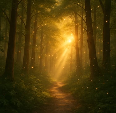 Uma trilha na natureza, iluminada por raios solares e cheio de pontos luminosos dourados.