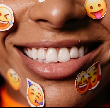 Smiling face with emoji stickers showing how social media shape emotions and social behavior.
