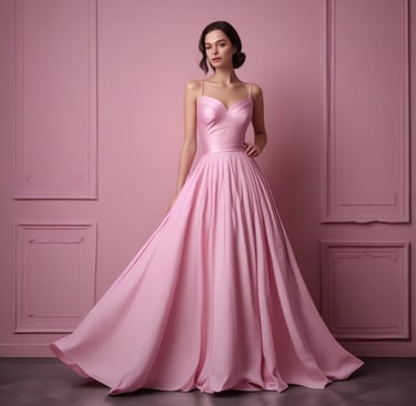 A stylish woman wearing an elegant giooky dress in a softly lit boutique setting