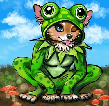 Cute furry character wearing a green frog costume in a field with red mushrooms and blue sky.