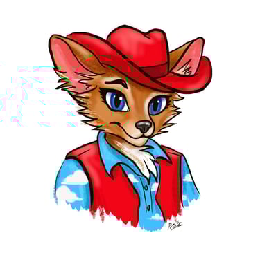 Digital illustration of a furry chihuahua fursona wearing a red cowboy hat and vest
