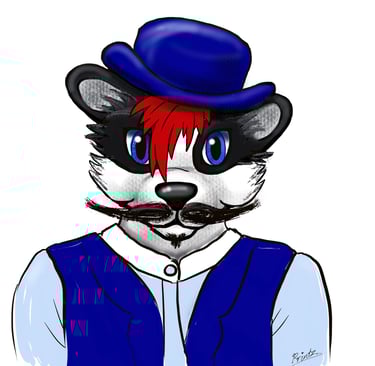 Anthropomorphic skunk furry art featuring a blue bowler hat, red hair, and a black mustache.