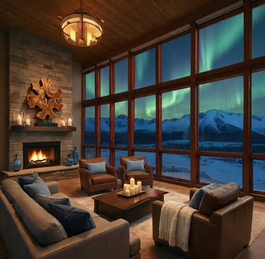 Cozy rustic living room with a fireplace and floor-to-ceiling windows showing the northern lights over snowy mountains.
