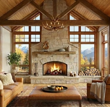 Rustic living room with a stone fireplace, wood beams, leather sofa, and mountain views through large windows.