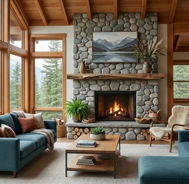 Rustic modern mountain cabin living room featuring a stone fireplace and large windows with forest views.
