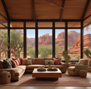 Modern desert living room with a large sectional sofa and panoramic views of red rock formations.