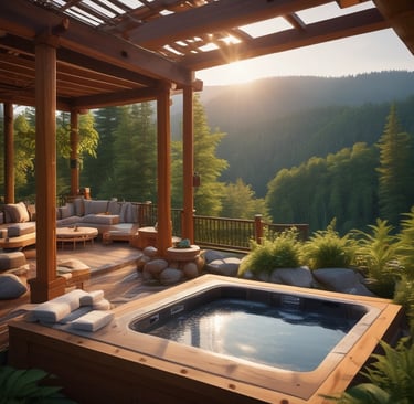 Luxury outdoor deck with a bubbling hot tub and mountain views at sunset.