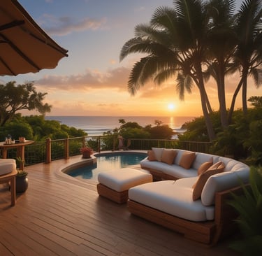 Luxury tropical patio with outdoor furniture, a private pool, and palm trees at sunset overlooking the ocean.