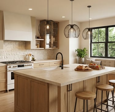 Modern kitchen with light oak cabinets, a large island, stone backsplash, and black pendant lights.