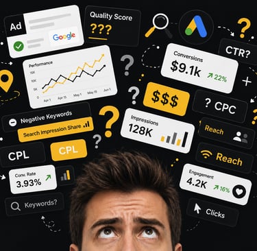 Google Ads KPIs including CTR, CPC, CPL, conversions, impressions, Quality Score, and ROI