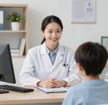 Doctor consulting with a patient in a bright, welcoming medical office.
