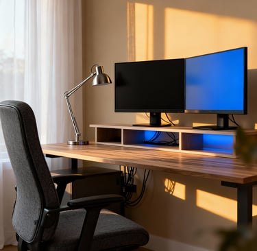 a desk with a computer monitor and a desk with a chair