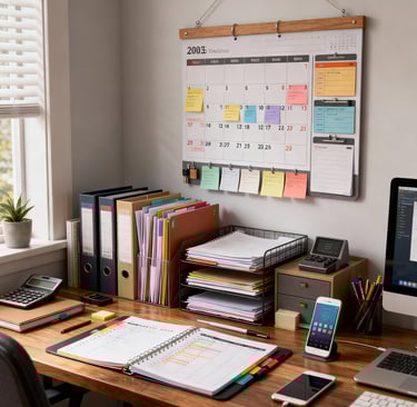 a desk with a computer monitor, keyboard, and a monitor