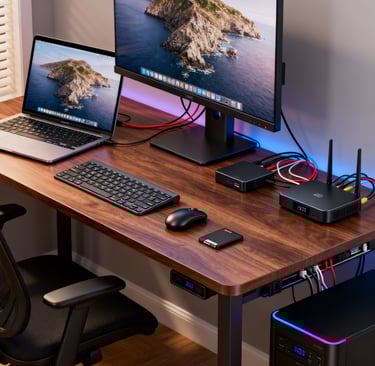 a desk with a laptop and a laptop computer