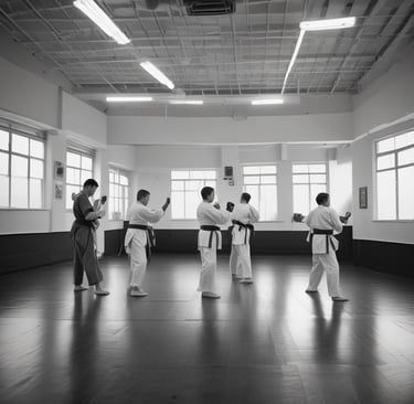 Monochrome shot of a disciplined group training session during early morning hapkido class.
