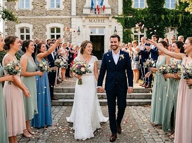 Couple de mariés sortant de la mairie dans une haie d'invitées