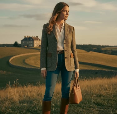 Femme debout dans la campagne avec une veste en Tweed