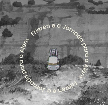 personagem frieren sentada em cima das montanhas. quadro analisando histórias rugin creative studio