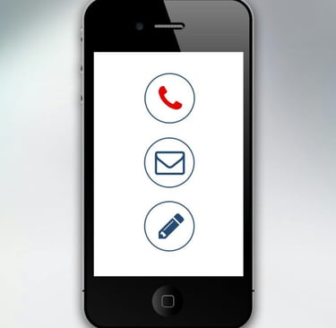 a phone screen with symbols of phone, mail and pen