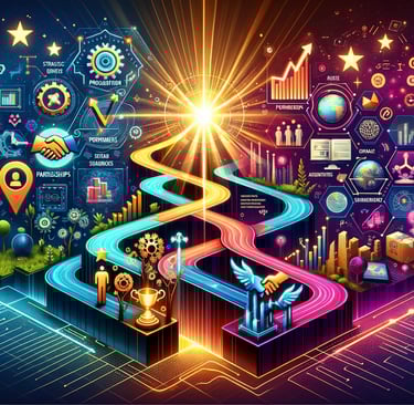 a colorful cityscape with marketing symbols