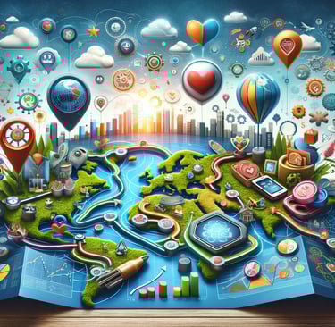 a map of the world with marketing symbols