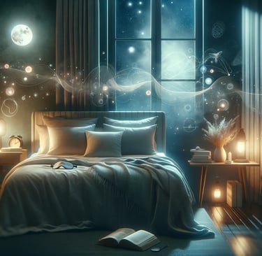 a bed with a book in a peaceful scene