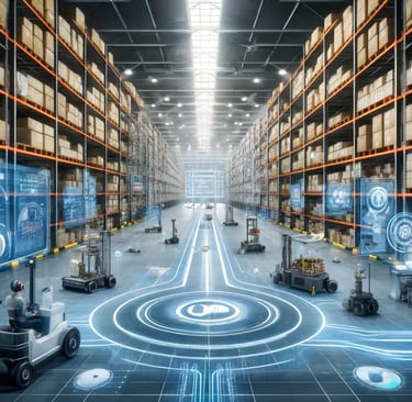 a warehouse with a lot of boxes and robots