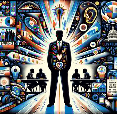 a man in a suit and tie standing in front of a poster