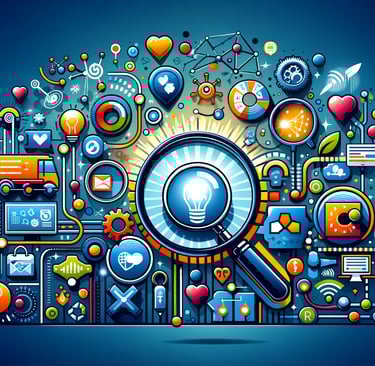 a cloud of various objects and symbols in a blue background