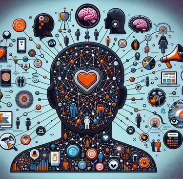a person with a heart and marketing symbols