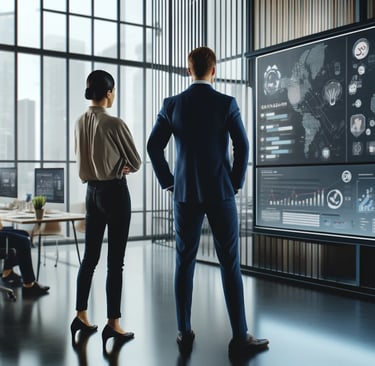 a man and woman in business attire standing in front of a large screen