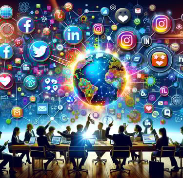 a group of people sitting around a table with social media symbols