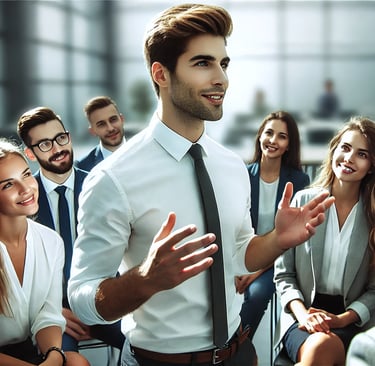 a man in a suit and tie is talking to a woman in a suit