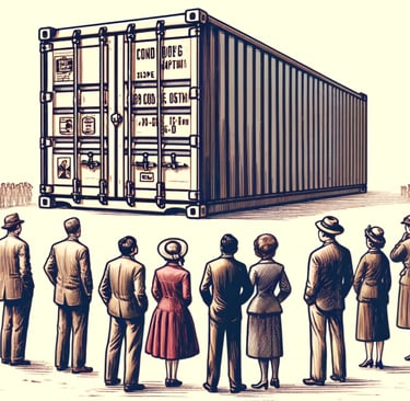 a group of people standing around a container