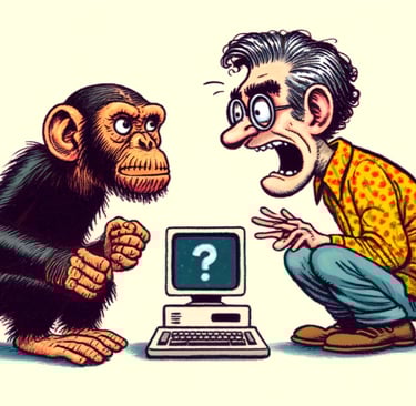 a monkey arguing with a man and a computer