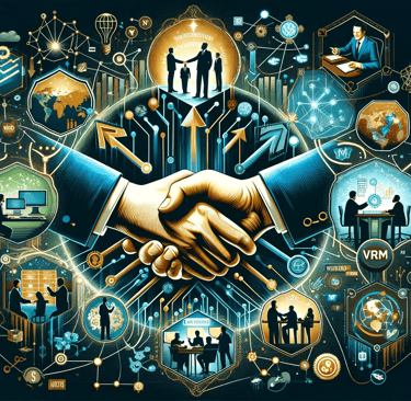 a handshake with business symbols