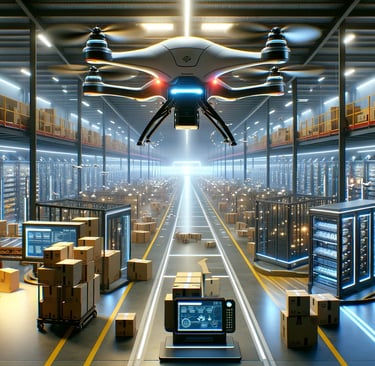 a drone flying over a warehouse with boxes